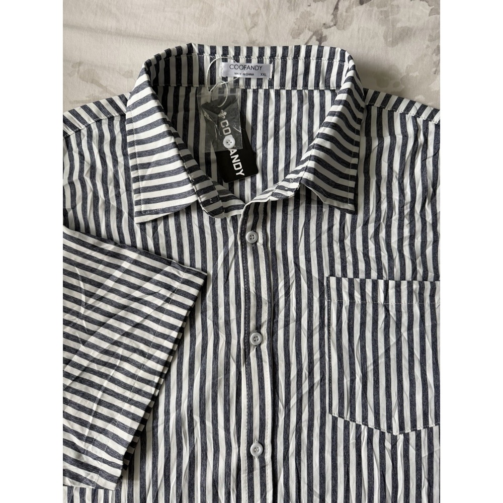 NWT Coofandy Casual Short Sleeve Button Up Shirt Pinstripe Pocket Linen Mens XXL